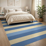 Navy Blue and Cream Striped Distressed Vintage Rug