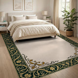 Ornate Green Gold Floral Border Beige Area Rug