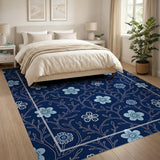 Navy Blue Floral Area Rug with Light Blue Blooms