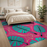 Vibrant Teal Monstera Leaves on Pink Area Rug