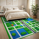 Kids Cartoon Town Map Area Rug - Vibrant Green Village Play Mat