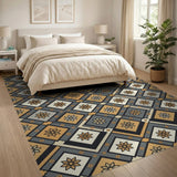 Gold Gray Geometric Diamond Floral Rug