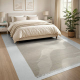 Beige Abstract Wave Area Rug with Fringe