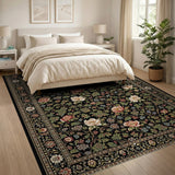 Black Persian Floral Area Rug with Peonies Vines
