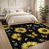Multi-color and Patterns Sunflower Butterfly Black Area Rug