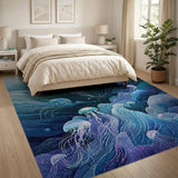 Watercolor Deep Blue Jellyfish Washable Area Rug - Low Pile