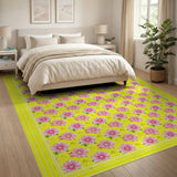 Sunny Yellow Area Rug with Vibrant Pink Flowers