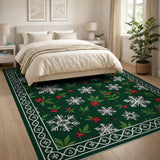 Festive Holly Snowflakes Green Area Rug