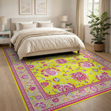 Vibrant Yellow Field Pink Floral Persian Rug