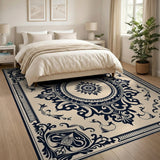 Ornate Beige Medallion Area Rug with Black Scrolls