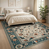 Ivory Persian Rug with Teal Border, Birds Flowers