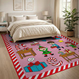 Festive Elves Wrapping Gifts Kids Cartoon Rug