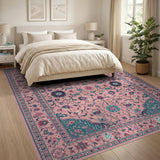 Blush Pink Teal Floral Persian Area Rug