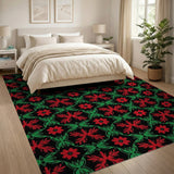 Red Green Floral on Black Area Rug
