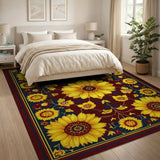 ODIKA Washable Sunflower Vintage Area Rug - Burgundy Floral Low Pile Non-Slip Rug