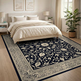 Ornate Ivory Floral Medallion Black Area Rug