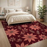 Coral Poinsettia Floral on Maroon Area Rug