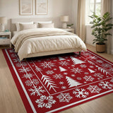 Festive Red Pine Tree Snowflake Area Rug