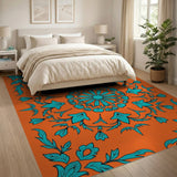 Bold Teal Floral Medallion on Orange Persian Rug