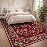 Ornate Red Persian Area Rug with Ivory Floral Border