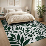 Dark Green Floral Leaves Stars Area Rug