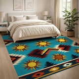 Southwestern Teal Sunburst Tribal Rug