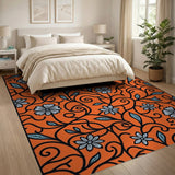 Orange Vibrant Orange Blue Floral Vine Area Rug