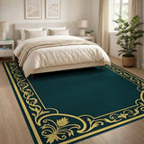 Elegant Teal Area Rug with Gold Ornate Border