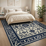 Navy Blue Ivory Floral Persian Area Rug