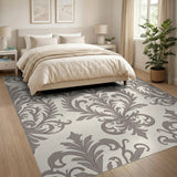 Elegant Grey Damask Ornate Area Rug