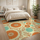 Vibrant Orange Teal Floral Pattern Area Rug