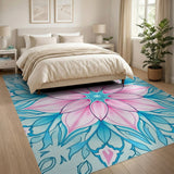 Pink Mandala Floral Area Rug in Teal Blue