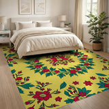 Red Floral Wreath Yellow Area Rug