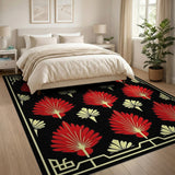 Art Deco Red Palm Frond Rug on Black