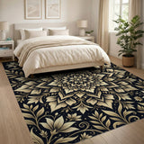 Gold Mandala Floral Area Rug on Black