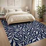 Navy Blue White Leaf Foliage Area Rug