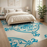Blue Floral Medallion Area Rug on Cream