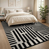 ODIKA Modern Geometric Maze Washable Area Rug - Black & White Low Pile Non-Slip Carpet