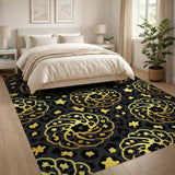 Gold Floral Swirl on Black Leopard Area Rug