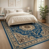 ODIKA Washable Blue and Beige Traditional Medallion Rug, Low Pile Non-Slip Area Rug, Pet & Kid Friendly