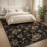 Vintage Tan Floral on Black Area Rug