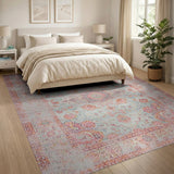 Blue Pink Distressed Floral Vintage Area Rug