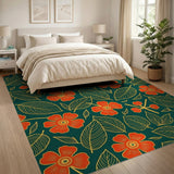 Vibrant Orange Hibiscus Floral Area Rug