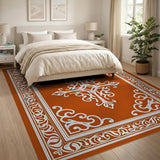 Ornate Terracotta Rug with White Baroque Cross Motif