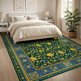Emerald Green Persian Floral Area Rug with Gold Blooms