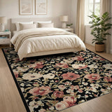 Vintage Pink Peony Floral Area Rug on Black