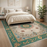 Teal Border Persian Floral Medallion Rug