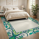 Teal Green Ornate Floral Border Area Rug