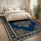 Traditional Persian Blue and Teal Navy Blue Gold Medallion Persian Area Rug