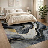 ODIKA Abstract Gold Marble Washable Rug - Modern Black & White Low Pile Area Rug